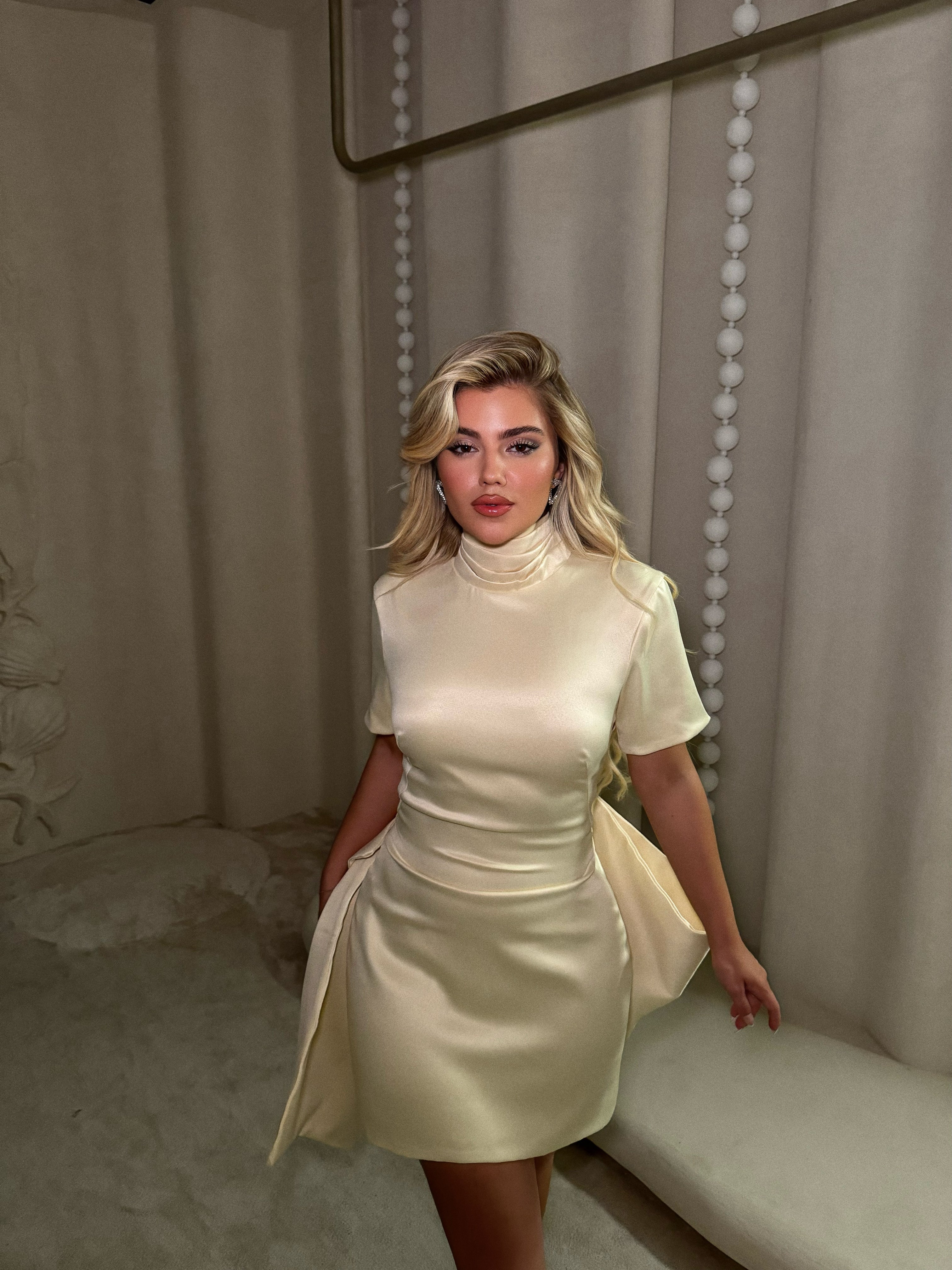 SATIN BOW MINI DRESS