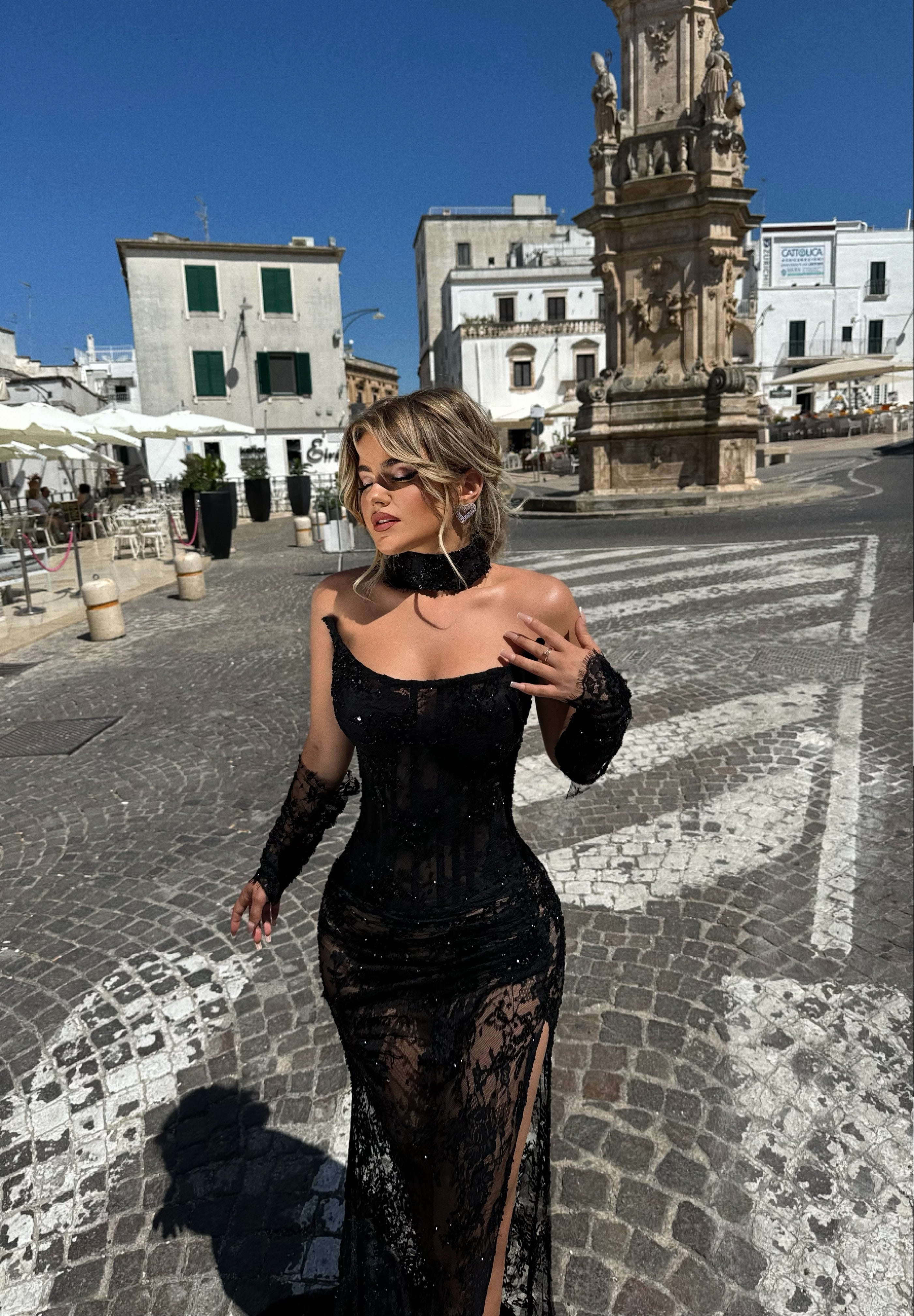 chinese dress ladies Vintage Black Mermaid Lace High-Neck Long Sleeves Beaded Cathedral Train Satin Evening Dresses main image 1