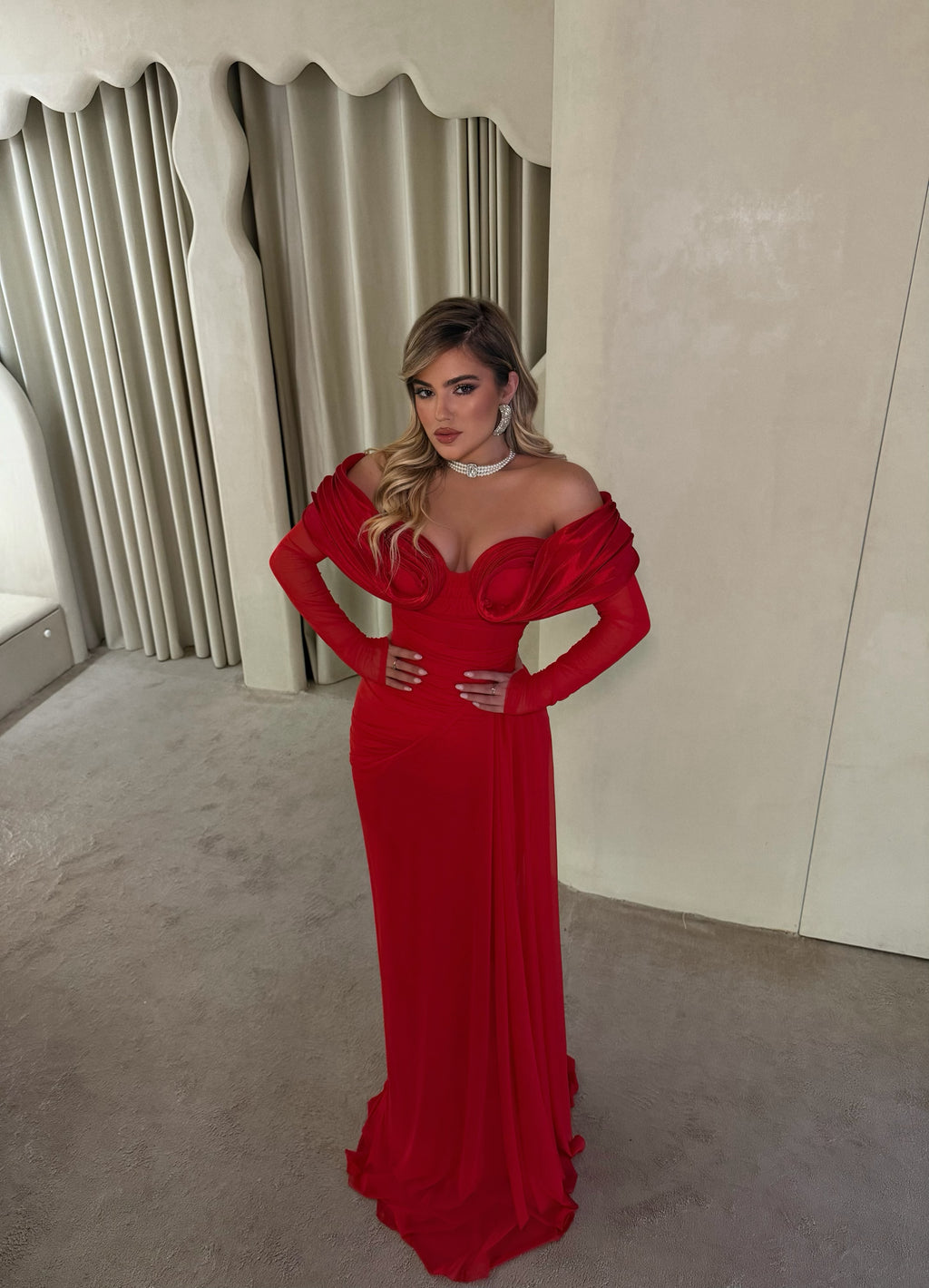 RED OFF-SHOULDER EVENING GOWN