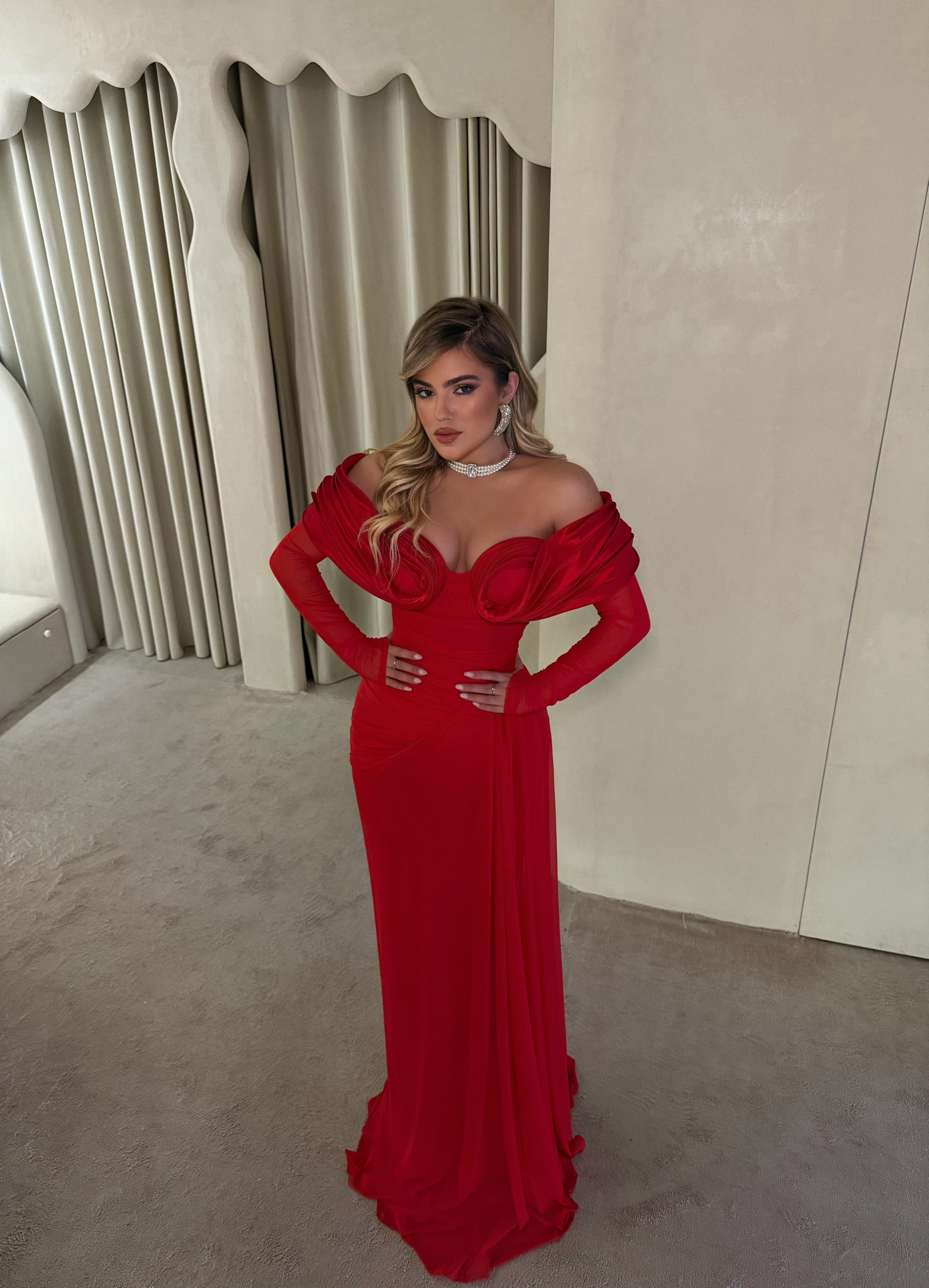 RED OFF-SHOULDER EVENING GOWN