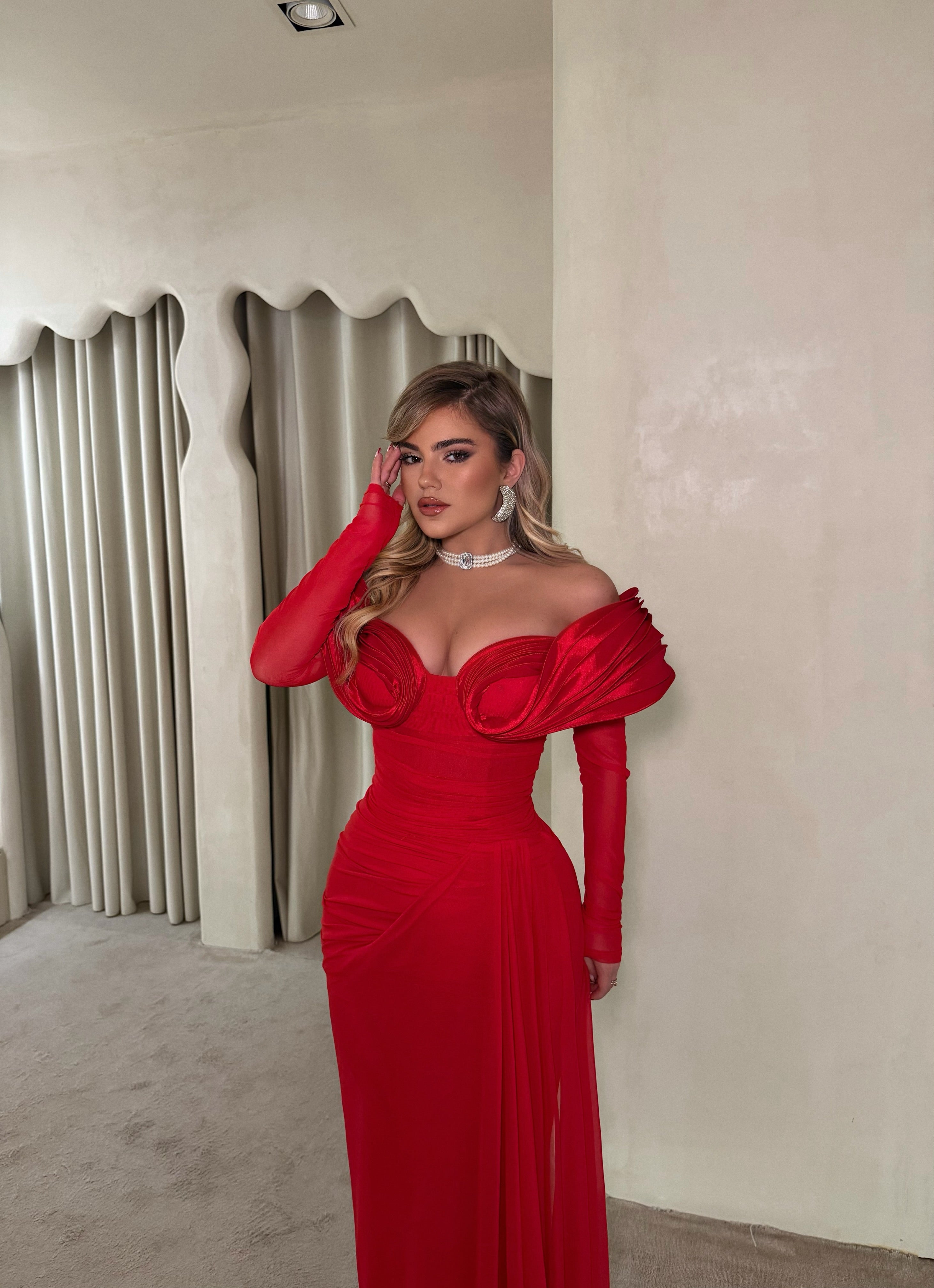RED OFF-SHOULDER EVENING GOWN