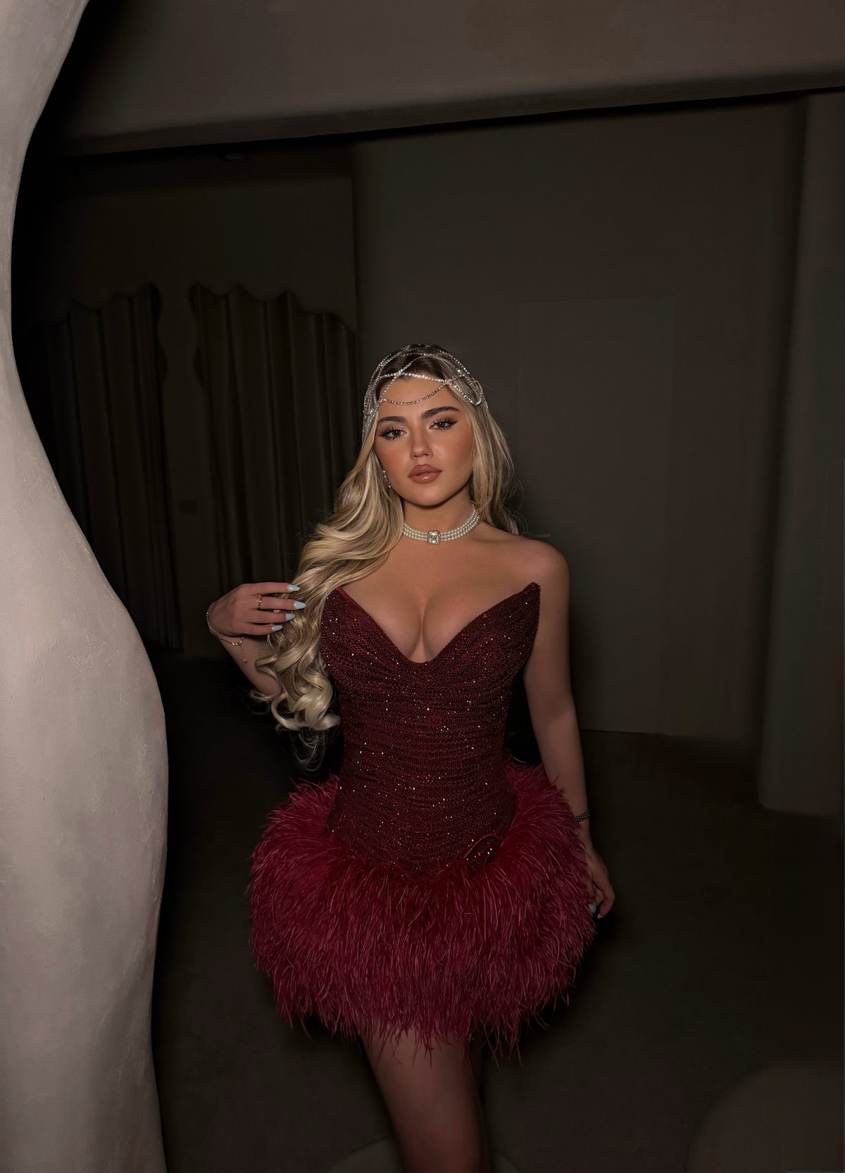 BURGUNDY FEATHER MINI DRESS