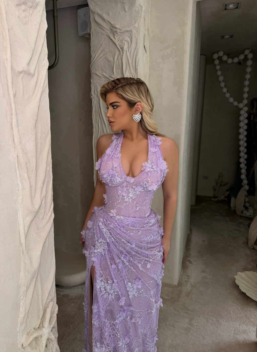 LAVENDER FLORAL LACE HALTER GOWN