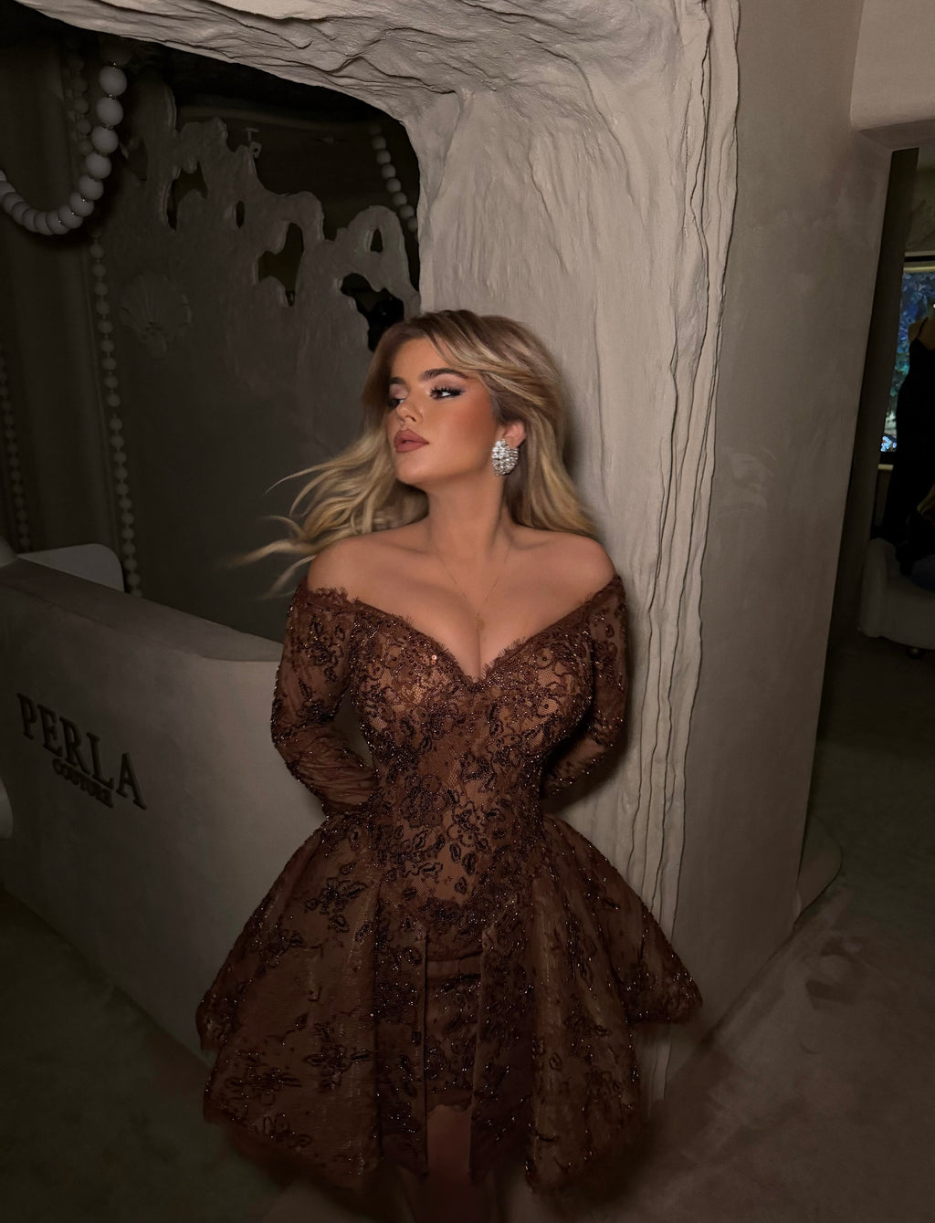 CHOCOLATE LACE OFF-SHOULDER DRESS