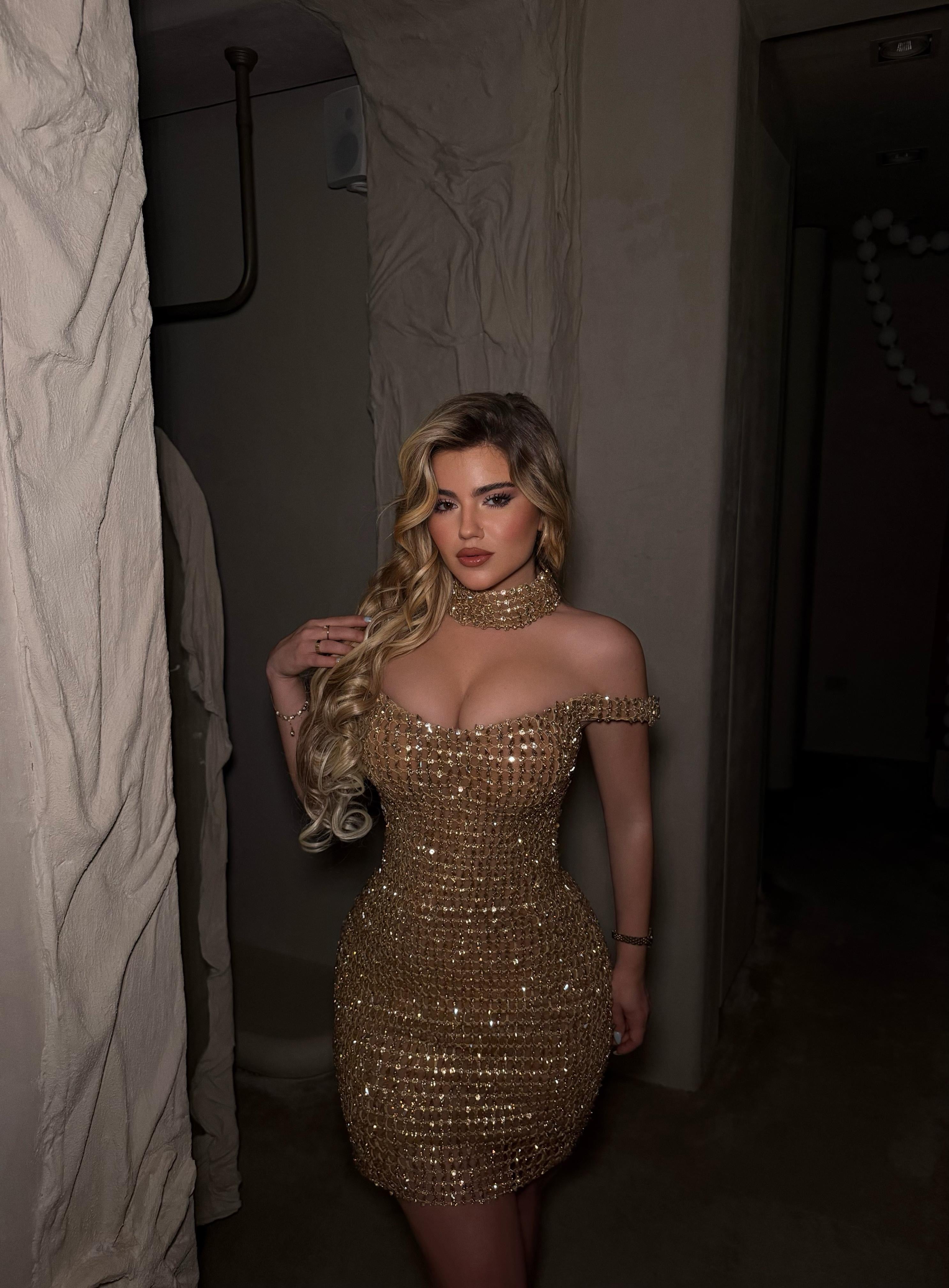 GOLDEN GLAMOUR OFF-SHOULDER MINI DRESS