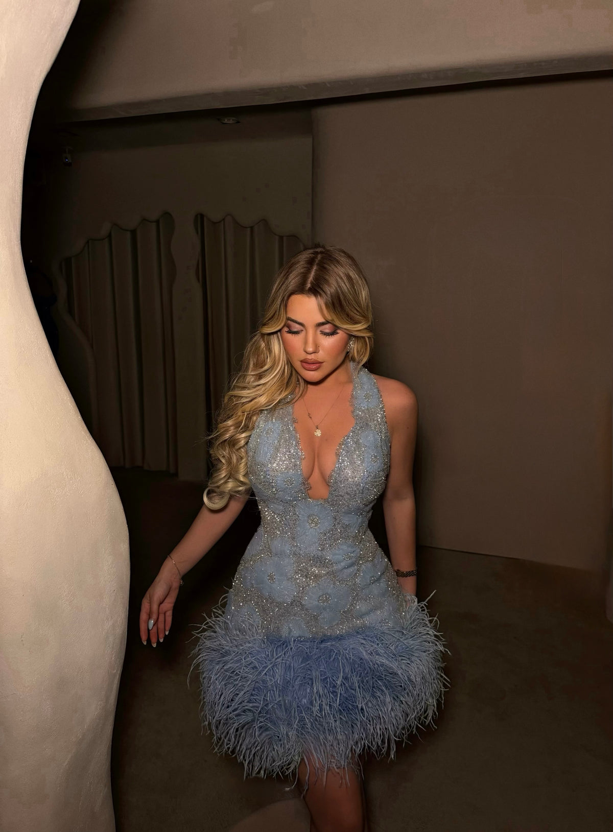 ICE BLUE FEATHER GOWN