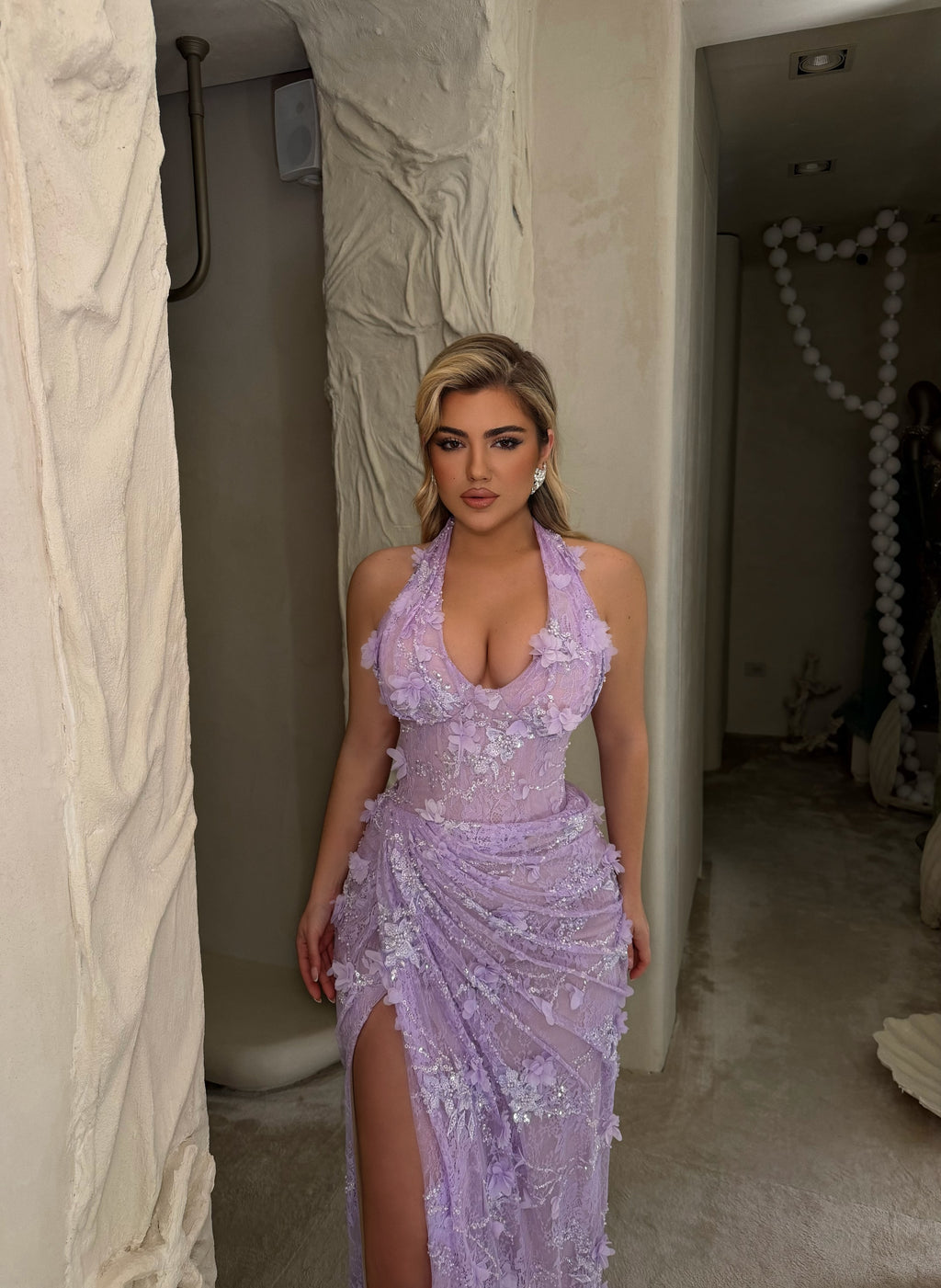 LAVENDER FLORAL LACE HALTER GOWN