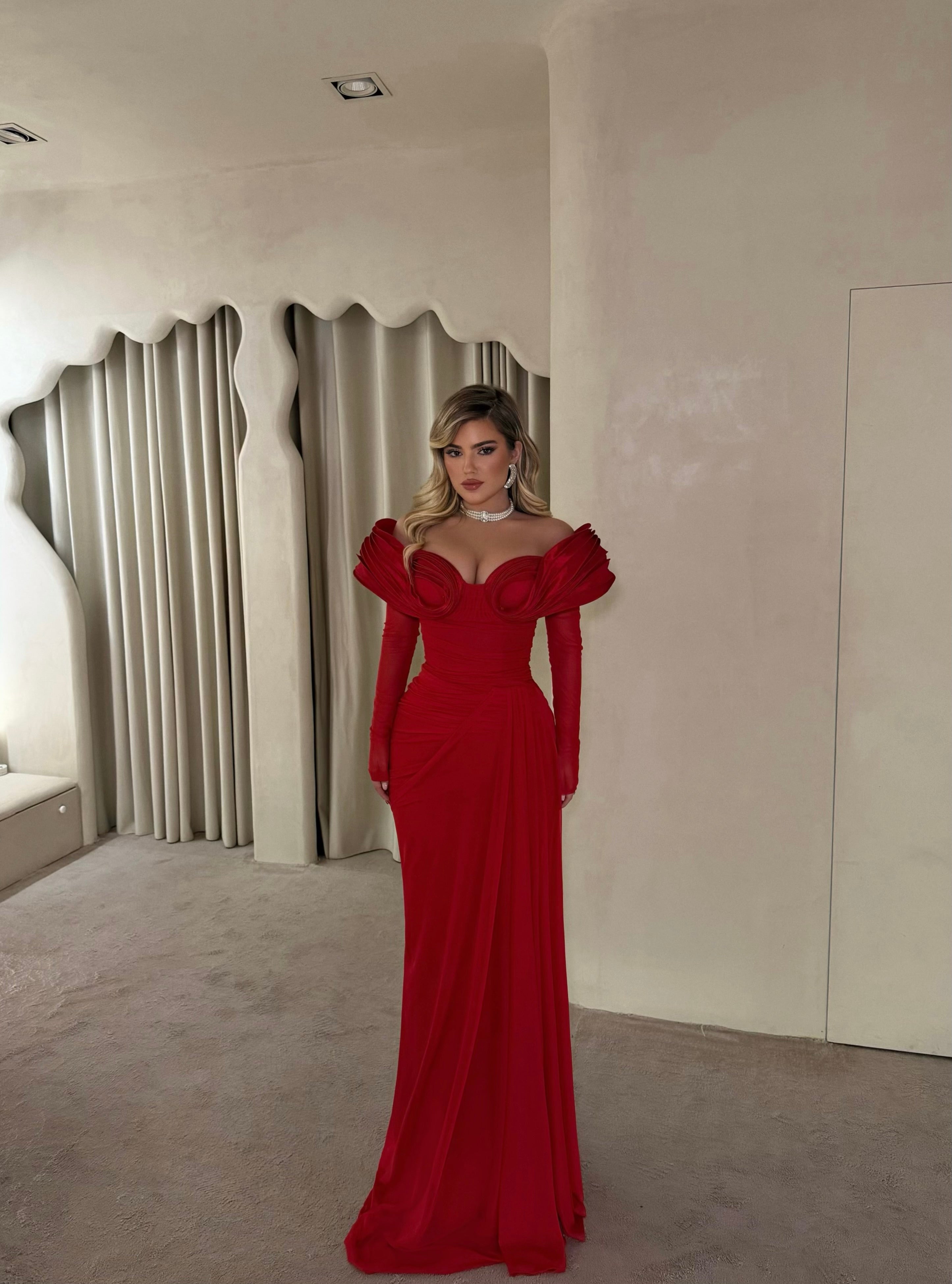 RED OFF-SHOULDER EVENING GOWN