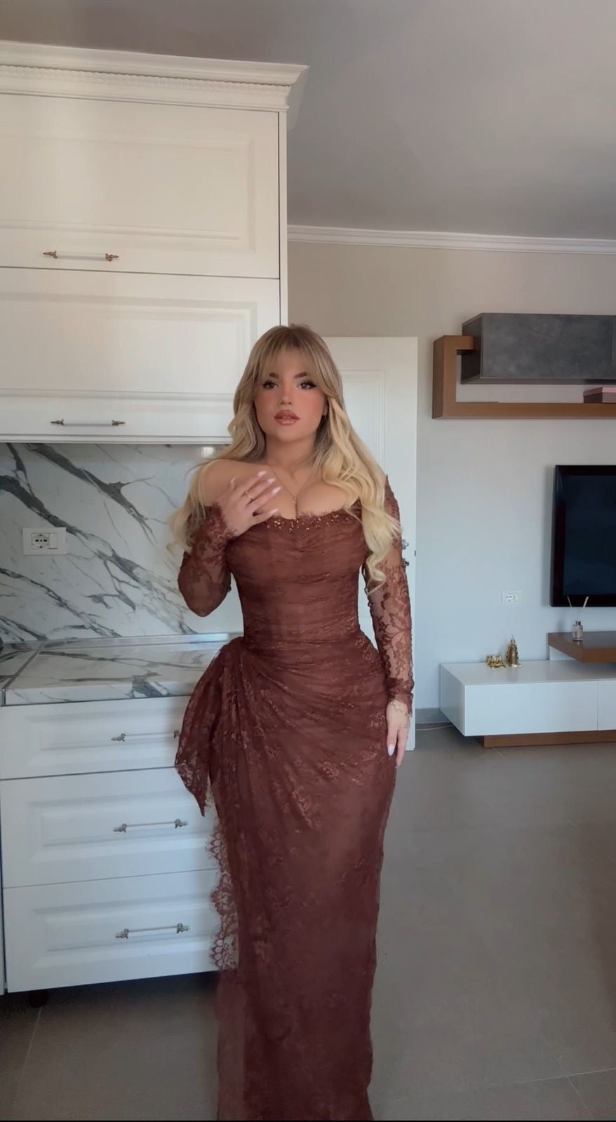 BROWN LACE EVENING GOWN