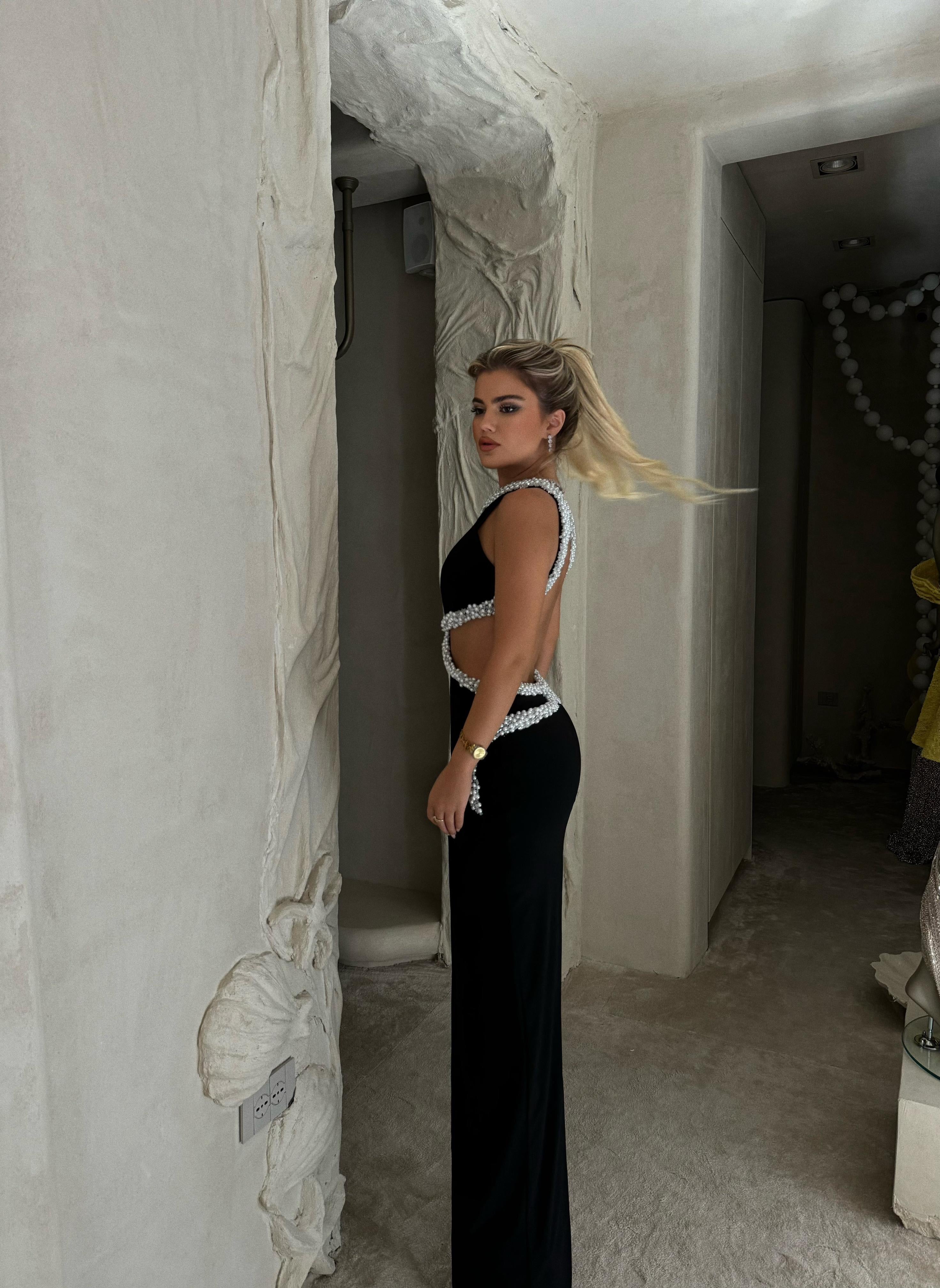 BLACK PEARL-EMBELLISHED GOWN