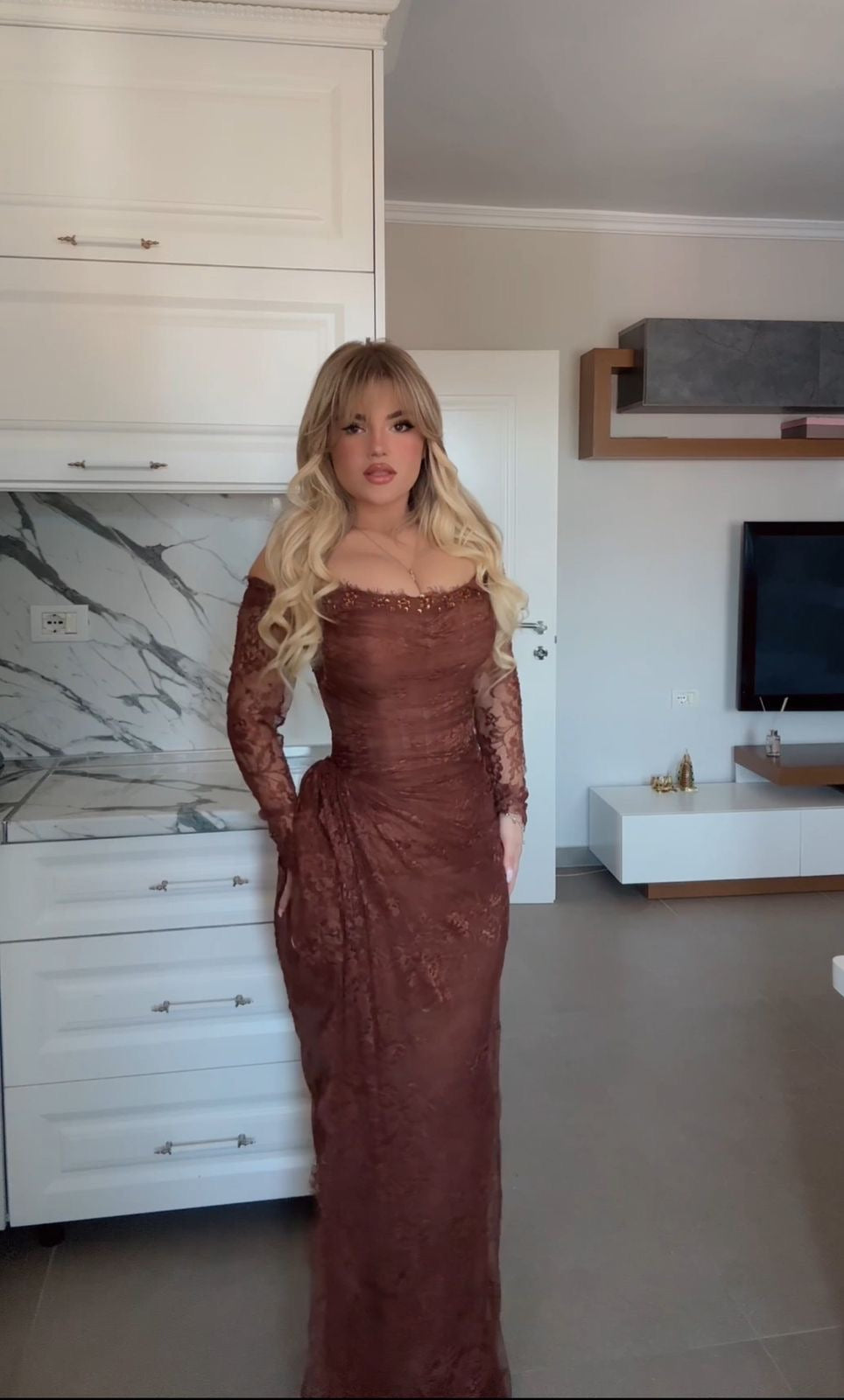 BROWN LACE EVENING GOWN