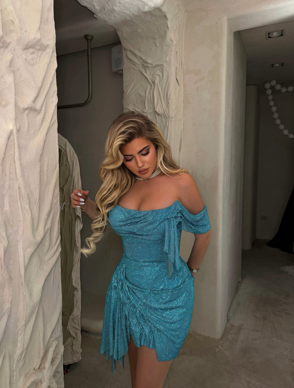 TURQUOISE OFF-SHOULDER MINI DRESS