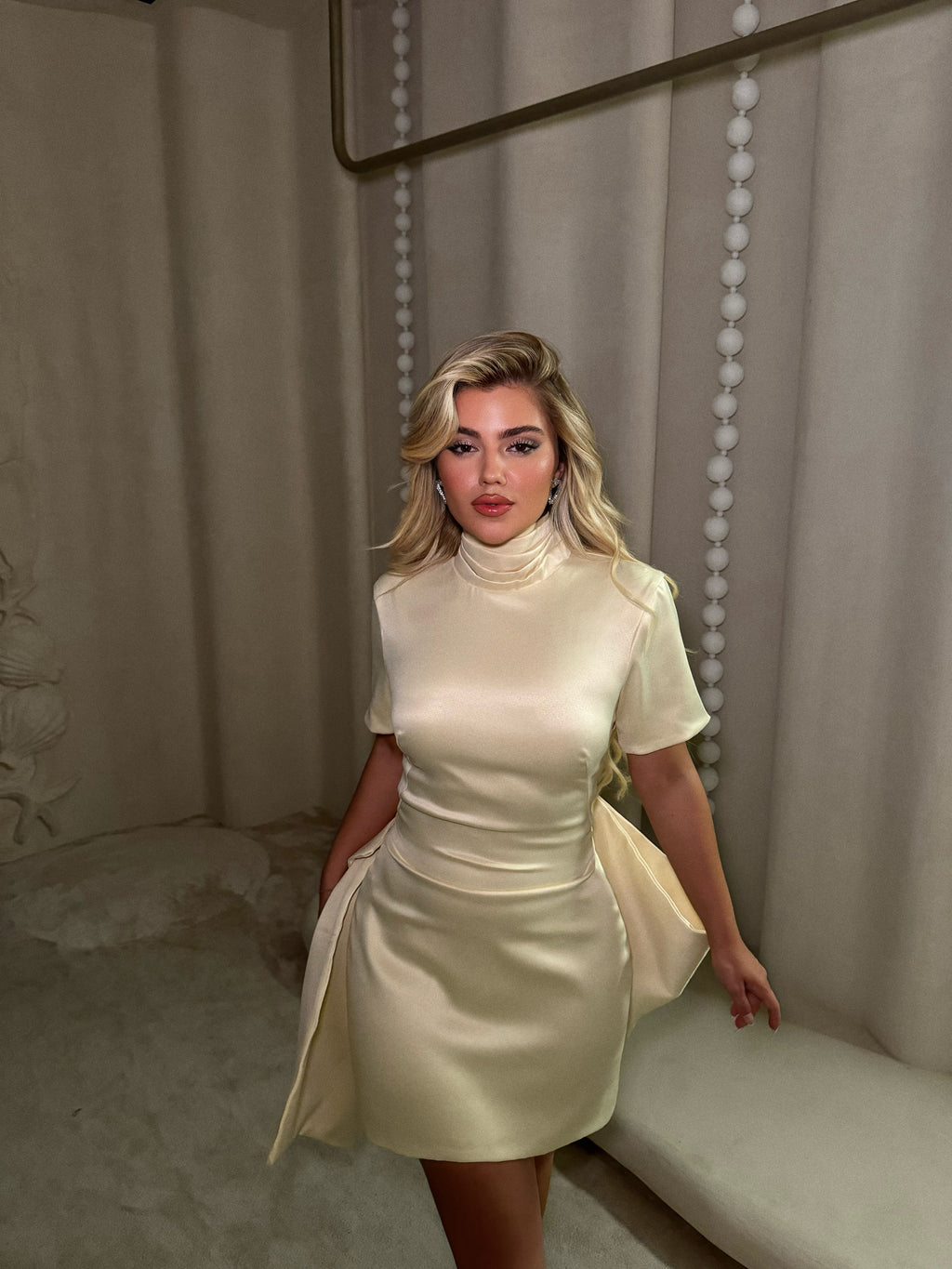 SATIN BOW MINI DRESS